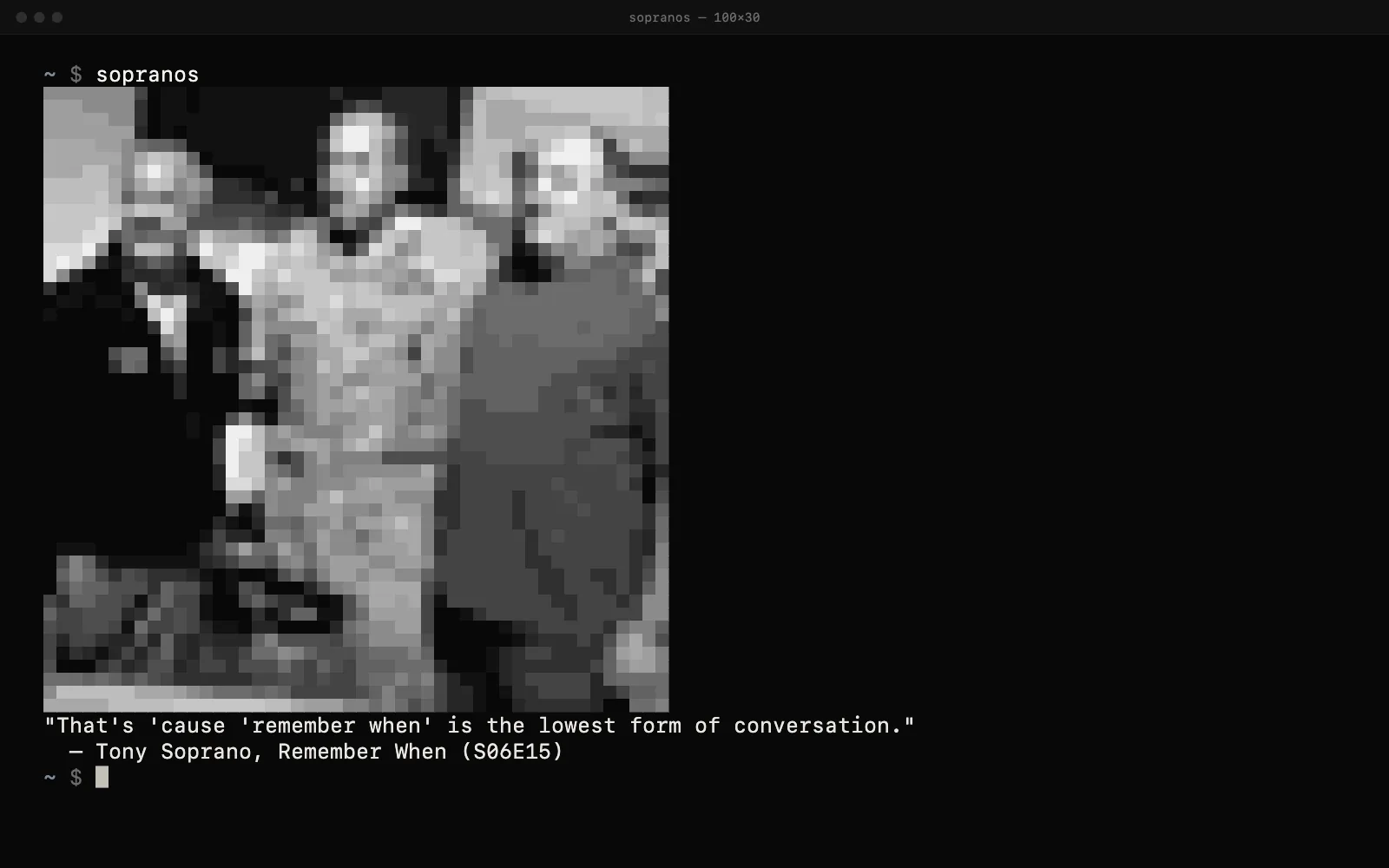 A terminal running sopranos: a grayscale half-block portrait of Tony Soprano above one of his quotes.