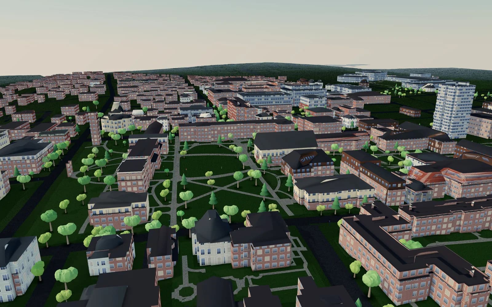 An aerial view in brown3d over Brown's Main Green, with extruded brick buildings running to the horizon.