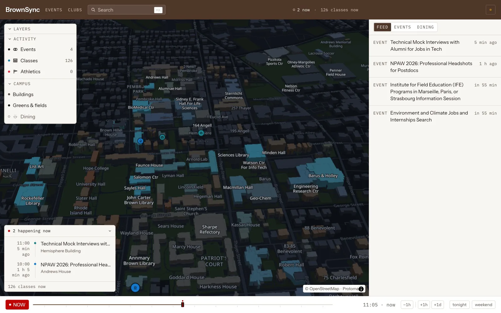 BrownSync's 3D map of College Hill, with buildings that have classes in session lit up and a feed of upcoming events beside it.